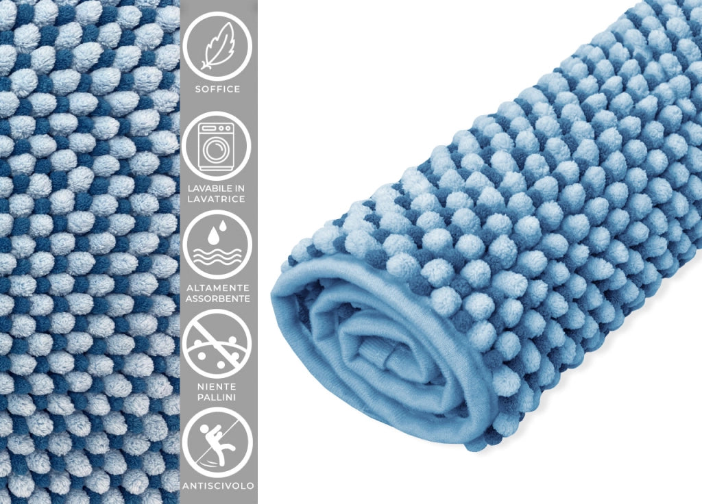 Tappeto Bagno Doccia Antiscivolo In Ciniglia Super Assorbente Modello Dots - Parure 3 Pezzi - Cielo