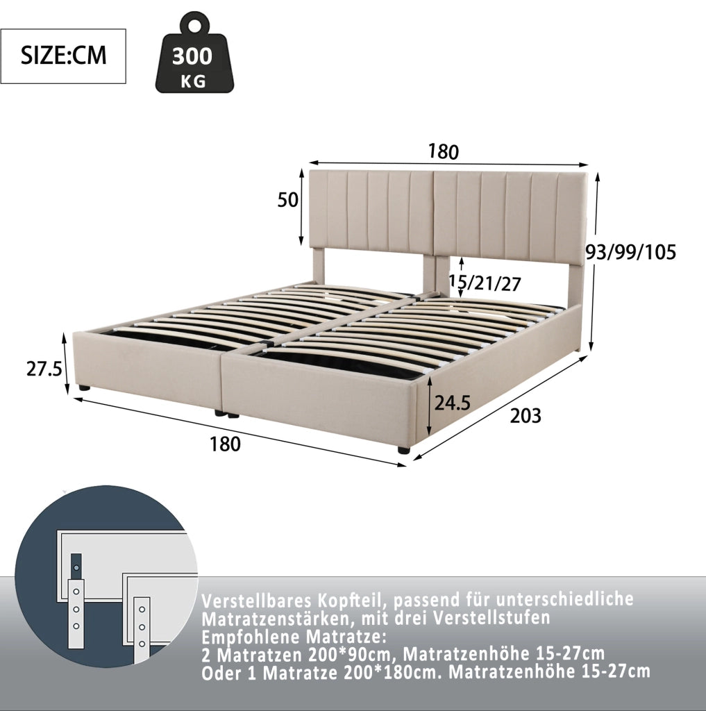Letto matrimoniale imbottito 180x200 cm con contenitore idraulico; lino beige