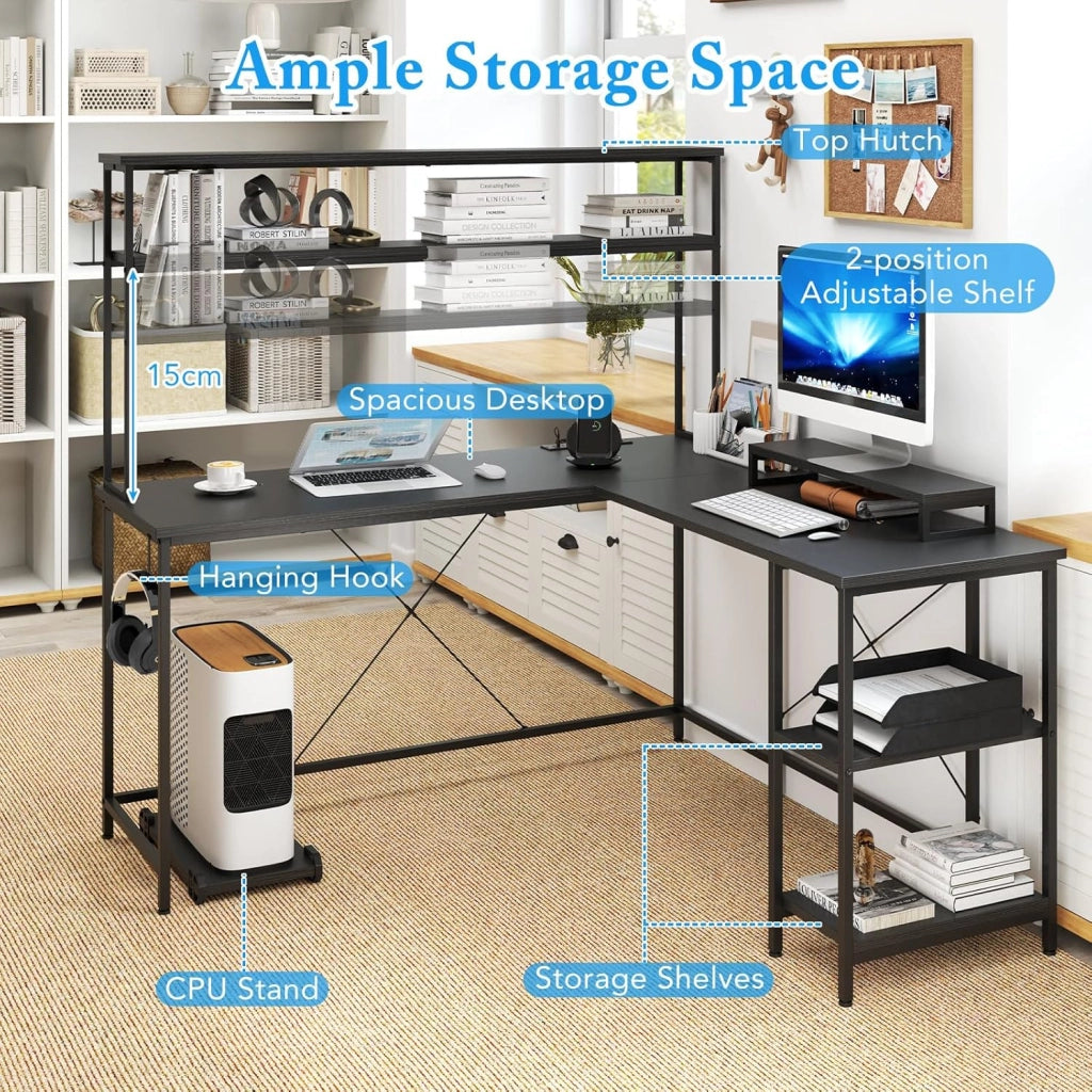 Scrivania per computer a forma di L convertibile con LED, ripiani aperti e supporto per monitor, gancio laterale, stazione di ricarica, 145 x 145 cm, per ufficio, studio (nero)