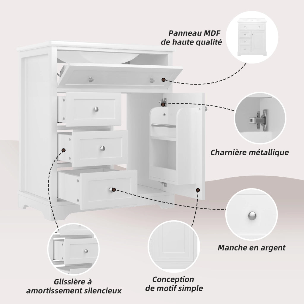 Mobile sottolavabo da bagno con lavabo integrato in ceramica, 4 cassetti e 1 anta, MDF bianco 76 × 46 × 87 cm