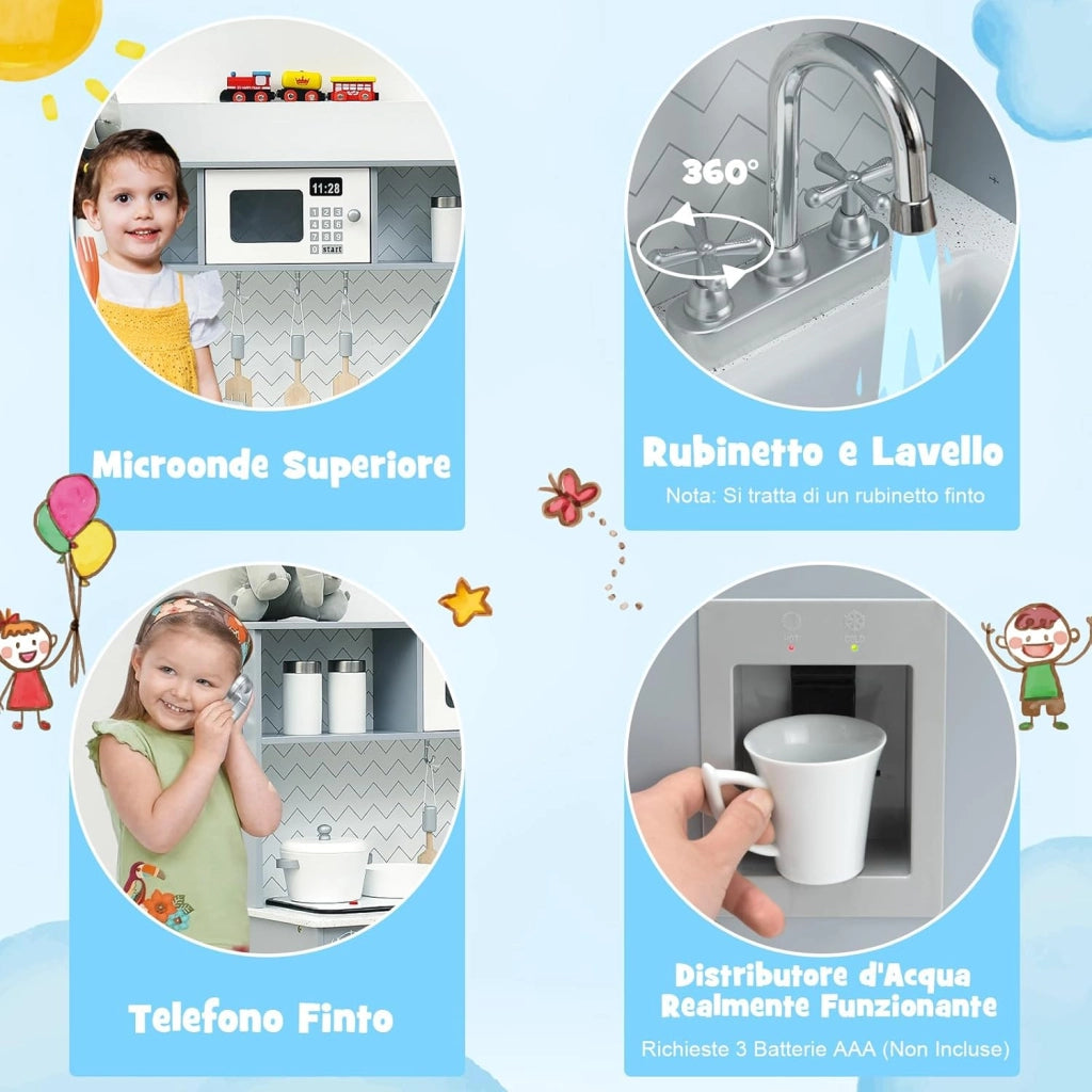 Cucina Giocattolo per Bambini, Cucina per Bambini in Legno con Forno, Microonde, Telefono, Distributore d'Acqua, Lavello e Rubinetto, con Luci e Suoni Realistici, per bambini 3+ Anni