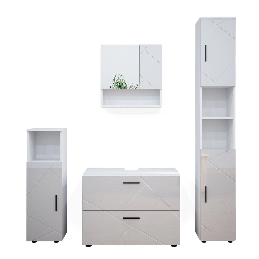 Vicco Set mobili bagno Bianco lucido 4 parti, con cassettiera e colonna