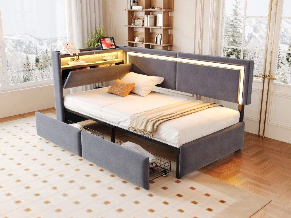 Divano Letto Imbottito 90x200 cm con LED, USB, Testiera Contenitore e Cassetti, Velluto Grigio Scuro