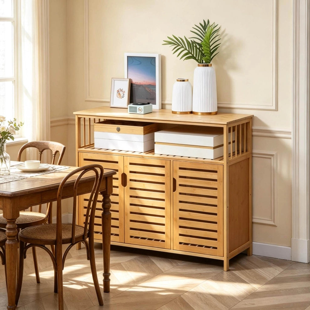 Credenza 100x35x82 cm in bambù naturale con vano contenitore, per sala da pranzo
