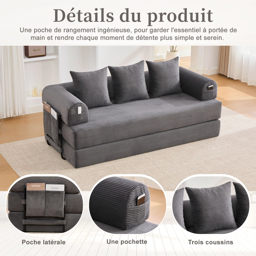Divano modulare - con tasca laterale e 3 cuscini - in corduroy - grigio scuro