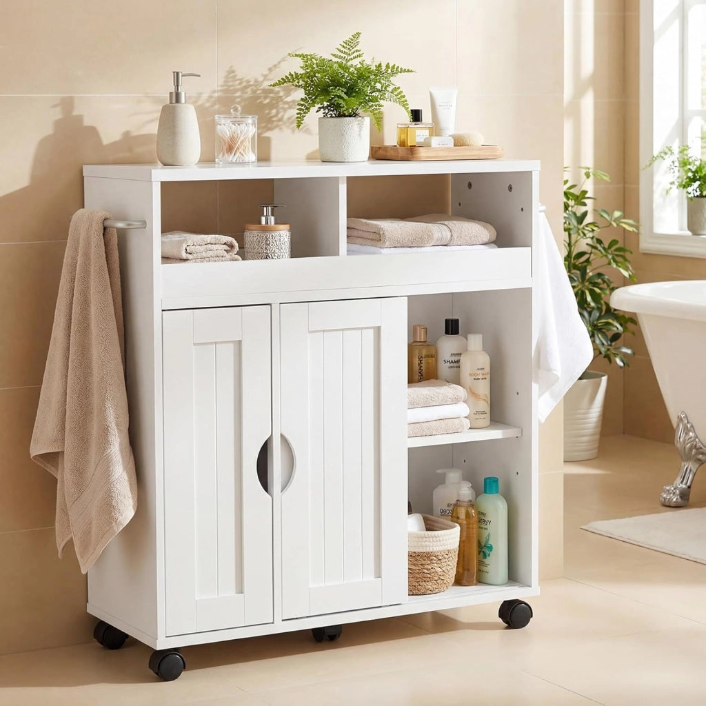 Mobile Bagno con Ruote, Mobiletto Laterale con Ripiano Regolabile, Porta Asciugamani e Ruote, Mobile Indipendente a Terra per Soggiorno, Cucina e Ingresso, 75 x 20 x 72 cm
