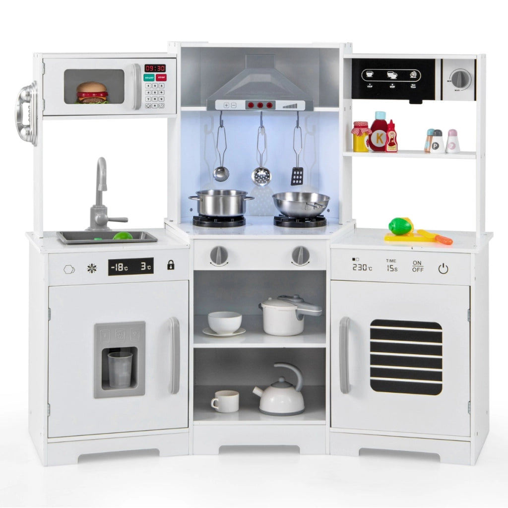 Set di giocattoli in legno con cappa macchina del ghiaccio lavello rubinetto-Cucina da gioco per bambini 3+ anni Bianco