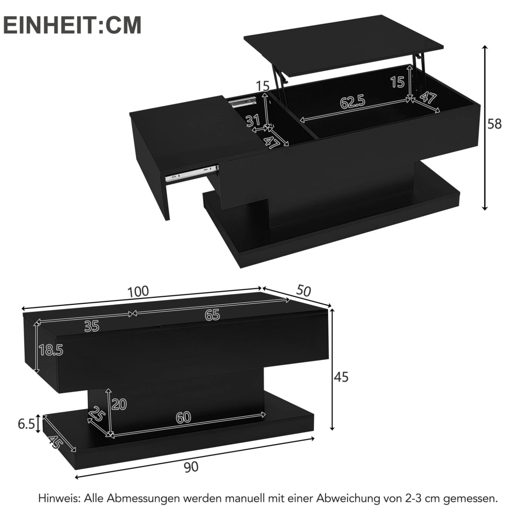 Tavolino da salotto con sollevamento idraulico; LED e contenitore 100x50x45 cm; nero lucido