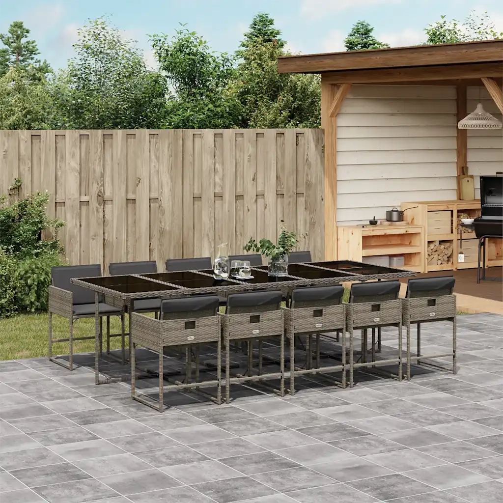 Set da Pranzo da Giardino 11pz con Cuscini in Polyrattan Grigio 3211292