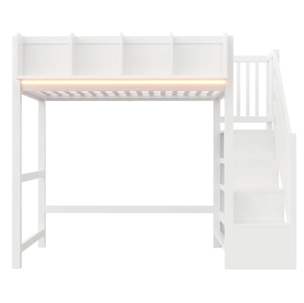 Letto a soppalco 90x200 cm con LED, scaffali laterali e scala contenitiva