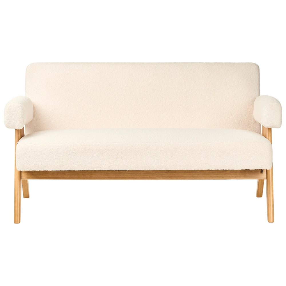 Set di divani Bianco Sporco e marrone chiaro Divano a 2 posti Panca Boucle Rivestimento Retro Design Gambe di legno Soggiorno