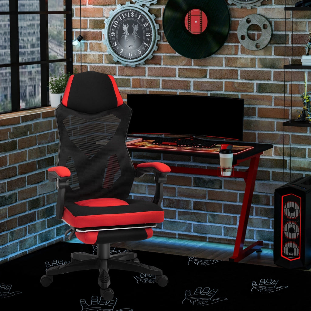 Sedia da ufficio gaming ergonomica con schienale reclinabile e poggiapiedi, in poliestere nero