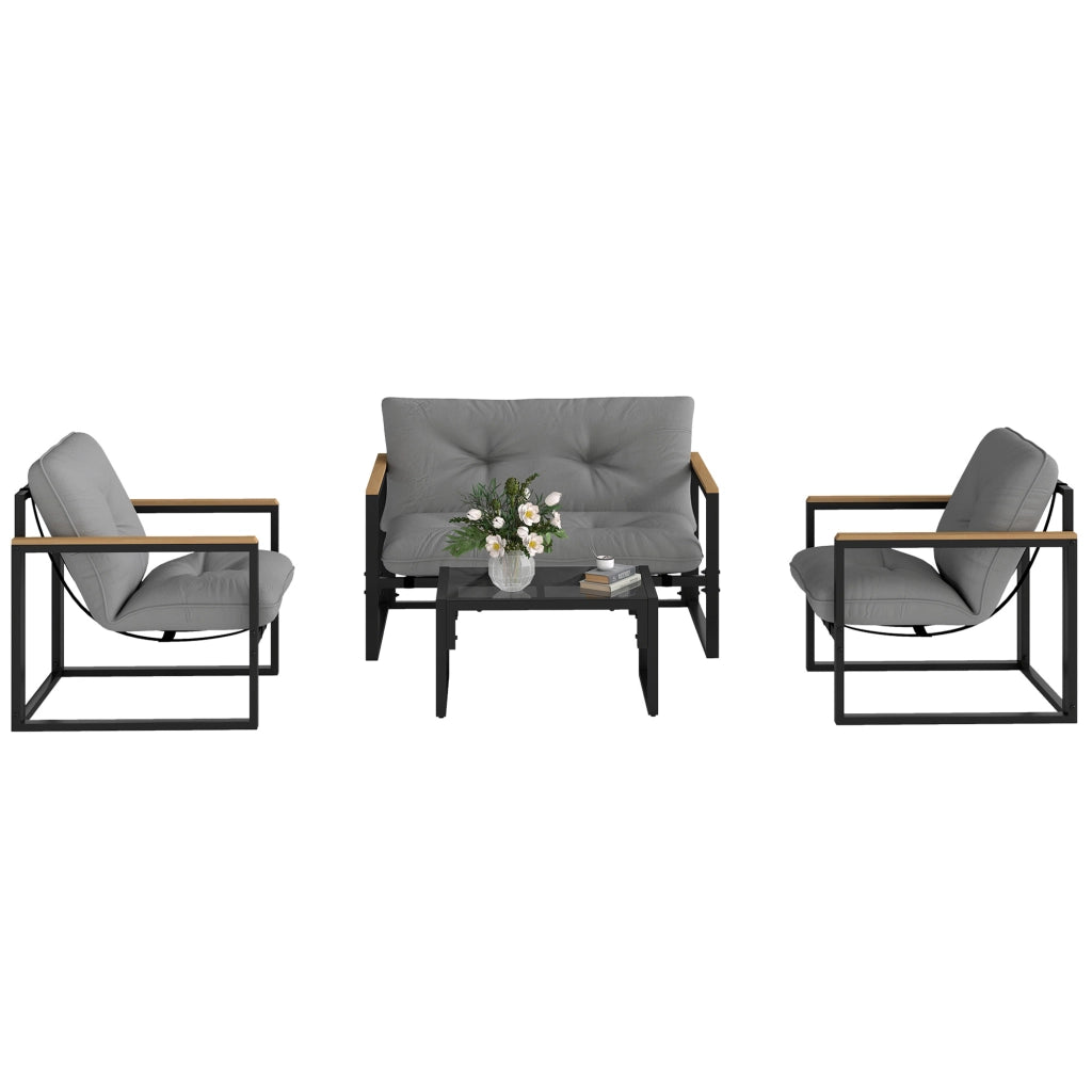 Set Giardino 4 Pezzi con Divanetto 2 Posti, 2 Sedie e Tavolino ¨C zephmum ¨C Grigio Chiaro e Nero, Acciaio e Poliestere
