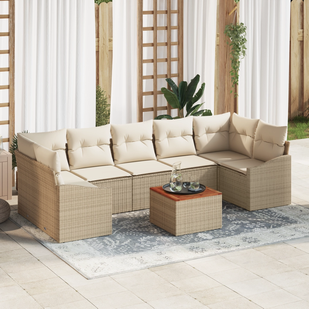 Set da Giardino da 8 Pezzi con Cuscini Beige Polyrattan Acacia