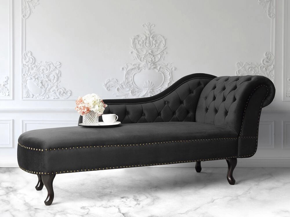 Chaise longue Nero versione destra Velluto abbottonato testa chiodata