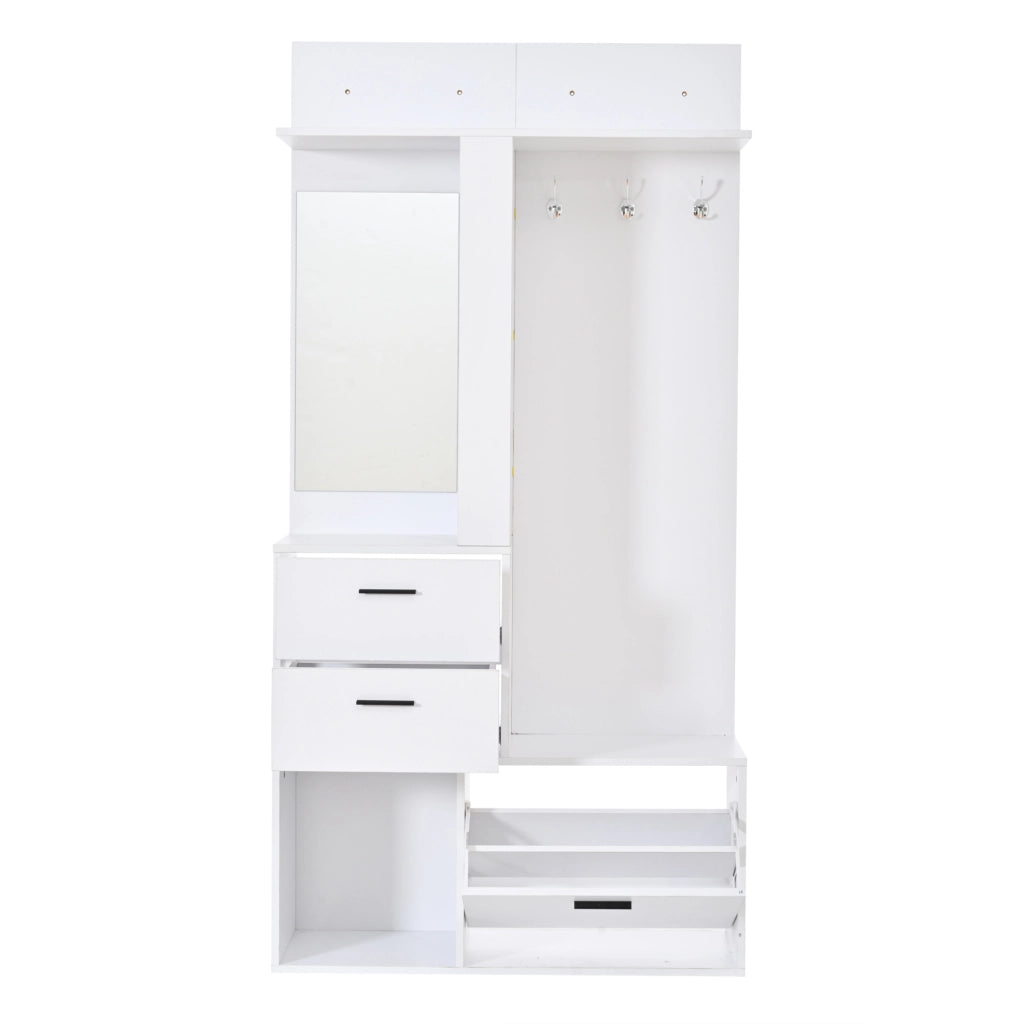 Garderoba 90x30x180 cm con specchio; ripiani pieghevoli e ganci in MDF bianco