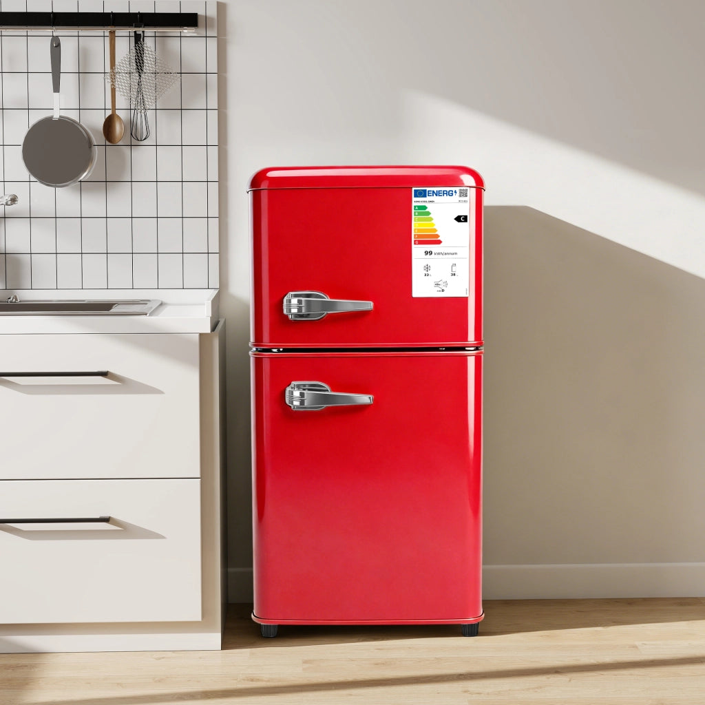 Mini frigorifero doppia porta 60 L, classe C, luce LED, 45 dB, rosso