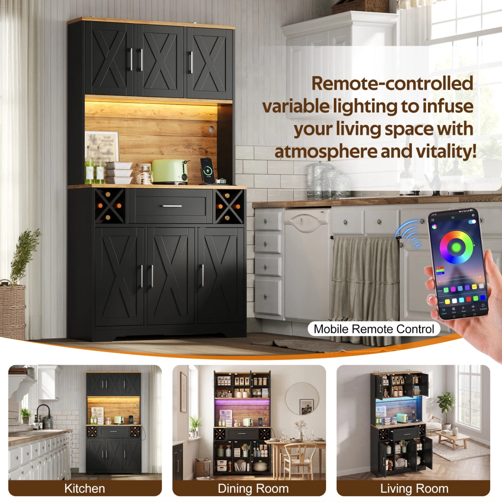 Credenza alta con LED RGB, 2 ante, 1 cassetto, vani aperti e portabottiglie, per cucina e soggiorno 105 × 40 × 180 cm