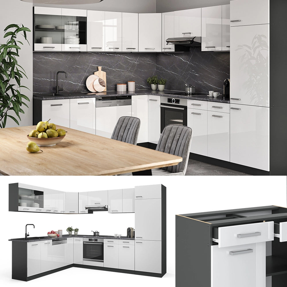 Vicco Cucina angolare completa Bianco lucido/antracite 227 x 287 cm , PL Marmo