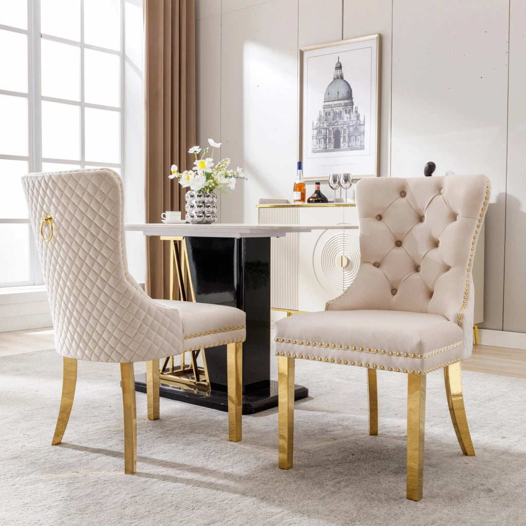 OKWISH Set di 2 Sedie da Pranzo con Anello Sullo Schienale e Borchie Decorative, Piedini Regolabili, Velluto Beige