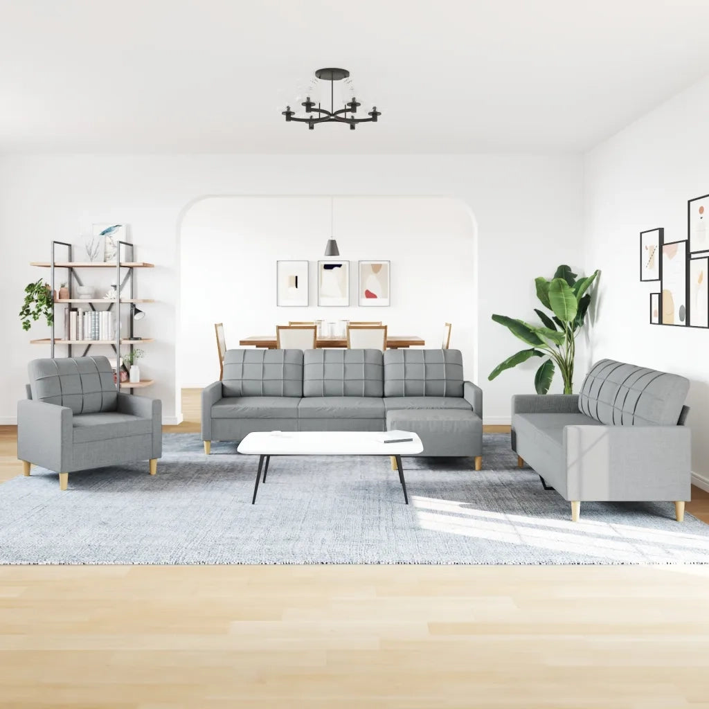 Set di Divani 4 pz con Poggiapiedi Grigio Chiaro in Tessuto