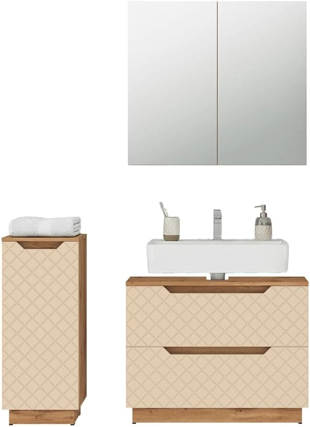 Set di mobili da bagno Lotta, Rovere/cashmere con struttura in piastrelle, 3 parti