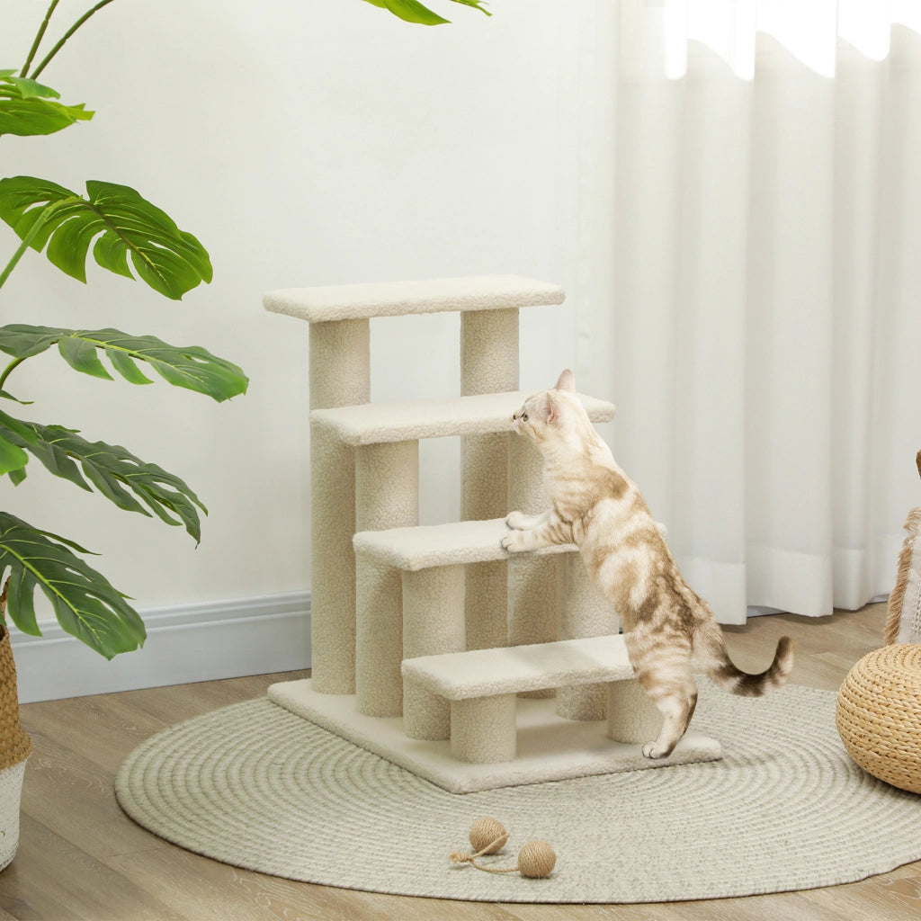 Scala per Animali Domestici con 4 Gradini ¨C zephmum ¨C Effetto Lana Boucl¨¦ 61x41x60 Crema