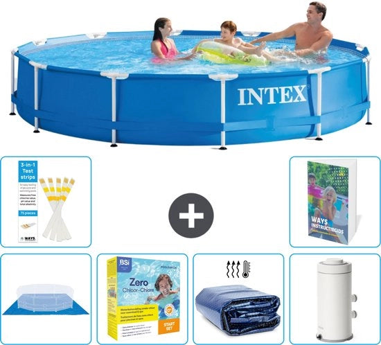 Piscina Rettangolare in Acciaio - 366 x 76 cm - Blu - Inclusa Copertura - Kit di Manutenzione - Ombrellone Solare - Pompaggio Piscina - 7 pezzi