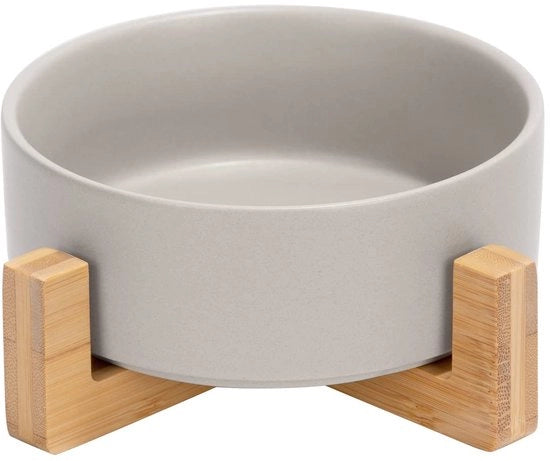 Ciotola alimentare ceramica con supporto in bambù per gatti e piccoli cani (400 ml, grigio - unico)