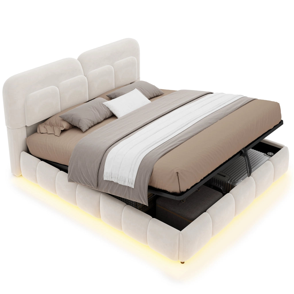 DESMIU Letto con contenitore 140 × 200 cm 2 posti con LED, contenitore idraulico e senza materasso, in velluto, beige