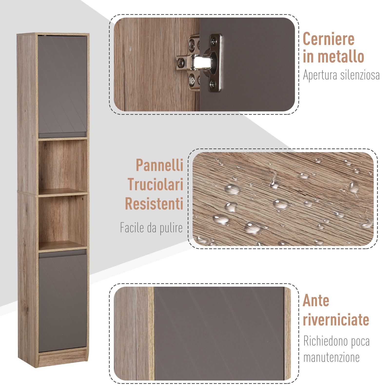 Mobile a Colonna per Bagno in Legno 30x24x170 cm  Grigio e Rovere