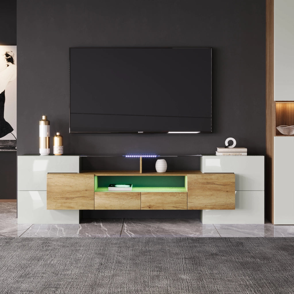 Mobile TV con 6 Ante; 2 Cassetti; 3 Vani e LED Multicolore; Bianco Lucido; 200¡Á35¡Á60 cm; in MDF; Naturale
