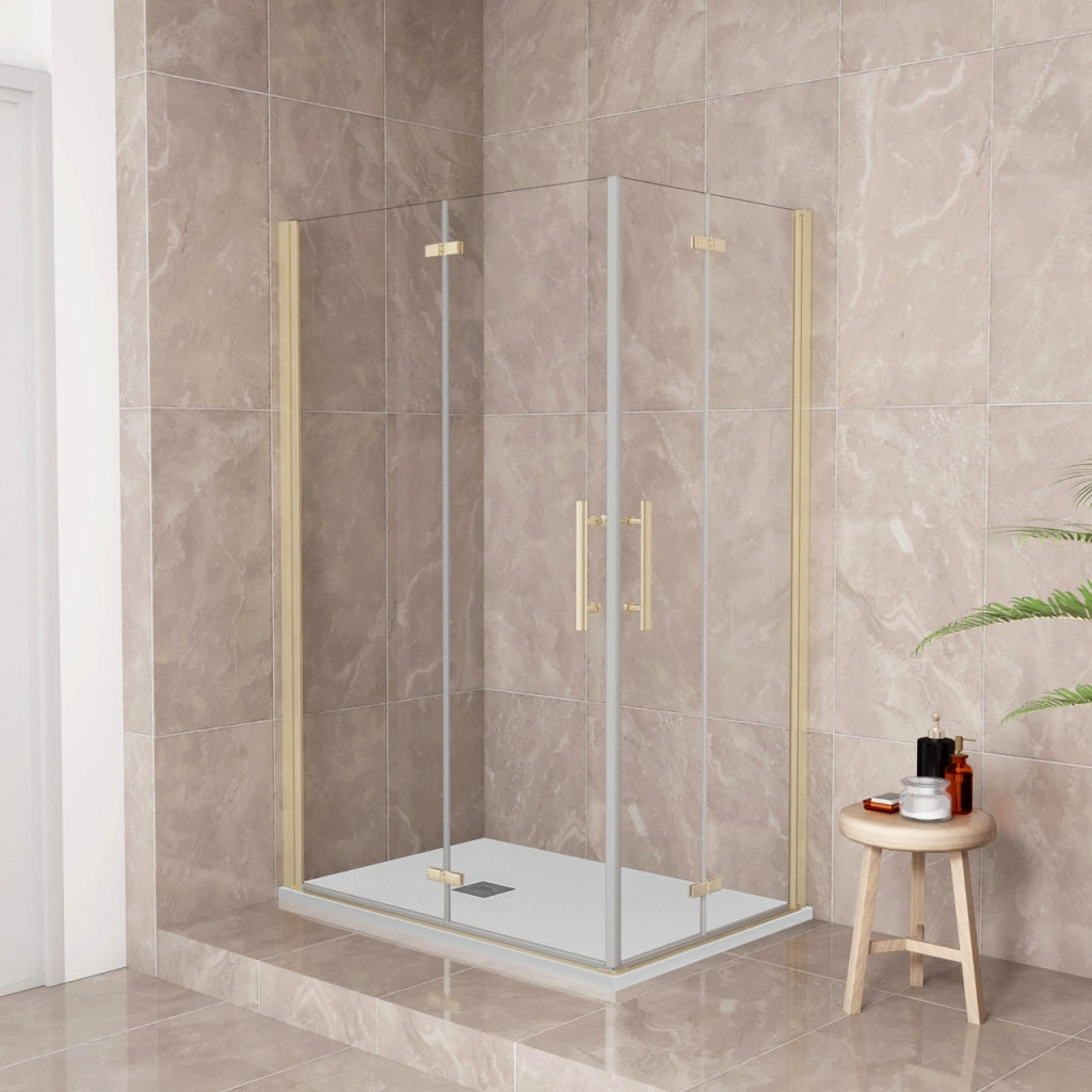 185 cm Box Doccia Angolare 76x100 cm Doppia Porta Battente Pieghevole Vetro Temperato Trasparente 6 mm Anticalcare Telaio Dorato Spazzolato