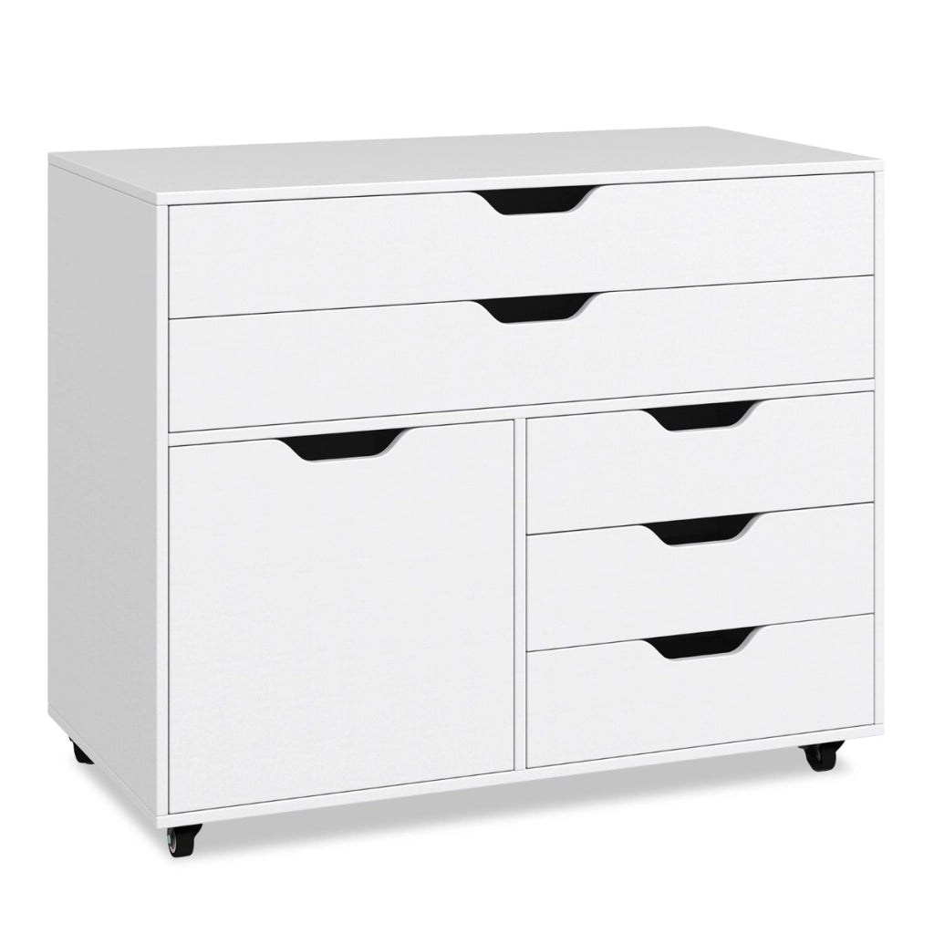 Armadietto laterale per archivio e supporto per stampante per soggiorno studio, Com¨° a 5 cassetti con porta 5 ruote Bianco-Armadi da ufficio