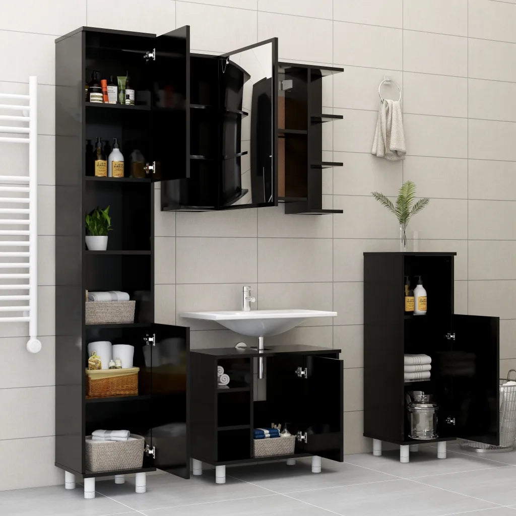 Mobile da Bagno Nero 30x30x95 cm in Legno Multistrato 802616