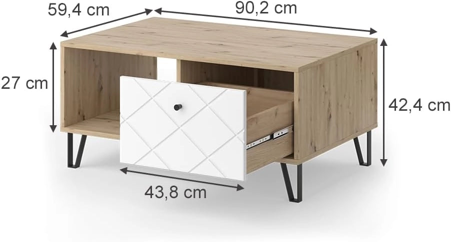 Tavolino Nizza, Rovere artigianale, 90.2 x 59.4 cm con scomparto aperto e cassetto, da utilizzare come superficie d'appoggio accanto al letto
