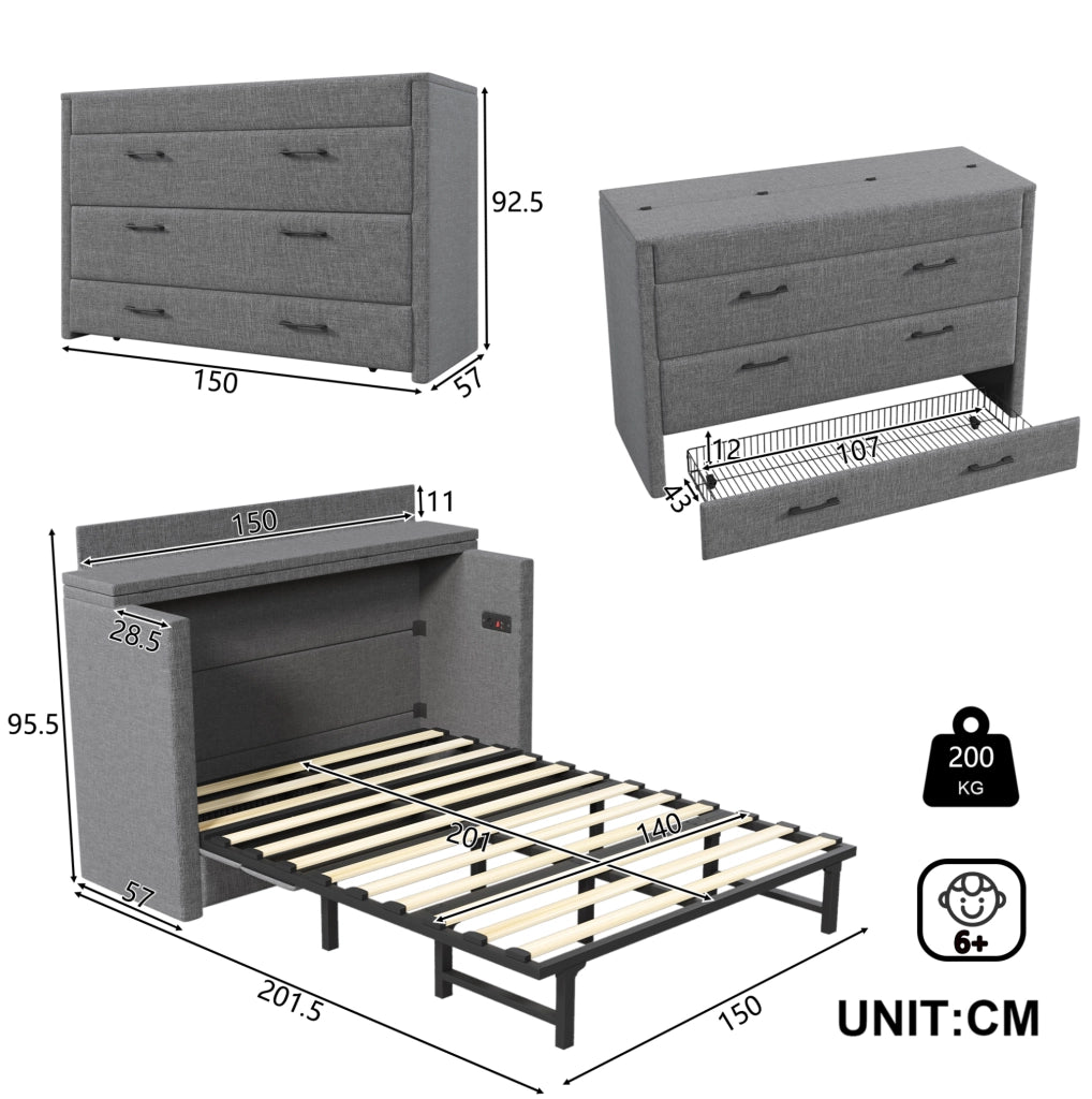 Letto a scomparsa 140x200 cm con cassetto; USB e Type-C; lino grigio