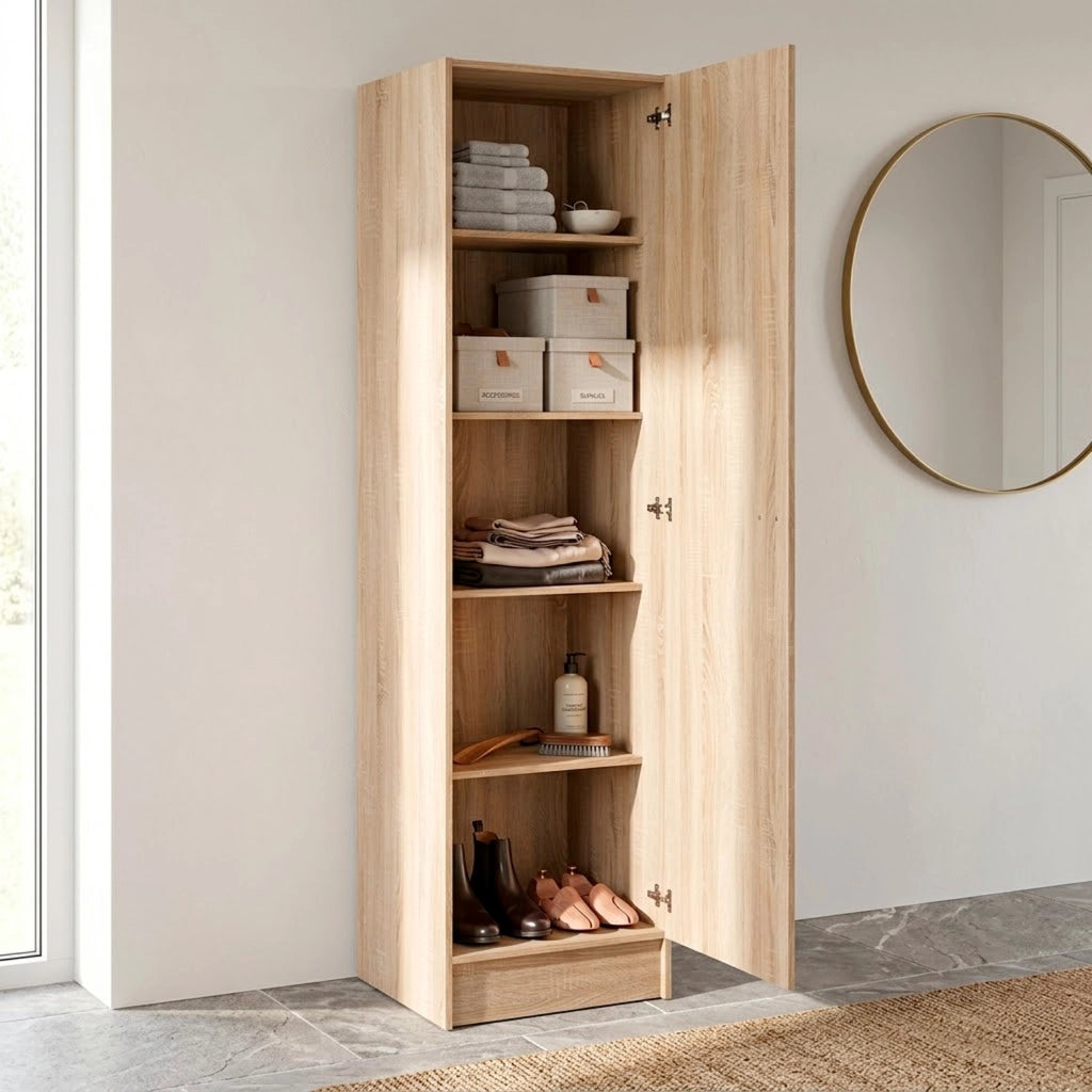 Colonna Bagno Armadio Alto 1 Anta Salvaspazio Con 4 Ripiani Regolabili Mobile Moderno Per Ingresso Corridoio Ripostiglio Maniglia In Metallo Argentata 200 X 47.1 X 49.2 Cm Rovere
