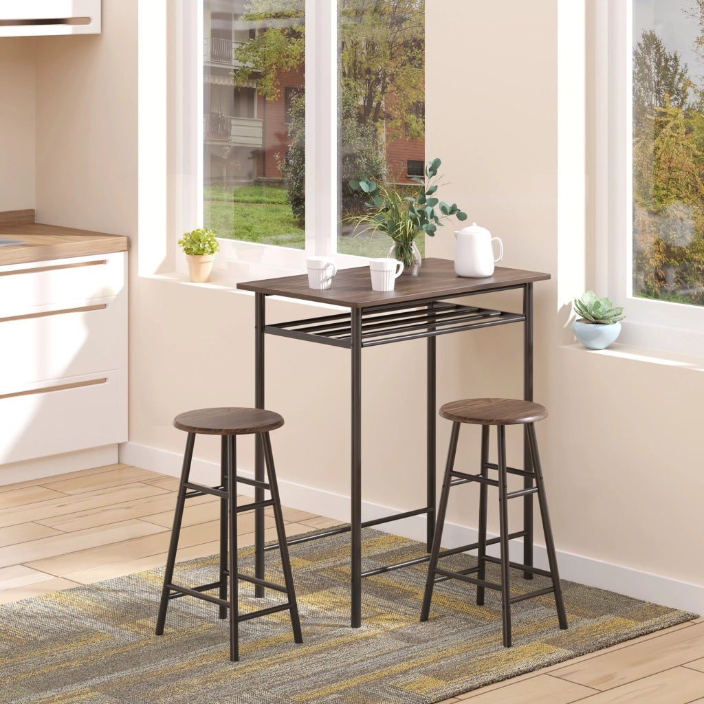 Set tavolo da bar 3 pezzi con 2 sgabelli, design industriale, piano d’appoggio integrato, nero