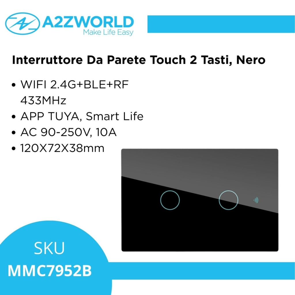 Interruttore Da Parete Touch 2 Tasti, WIFI 2.4G+BLE+RF 433MHz, Bluetooth BLE Mesh, TUYA, Smart Life, 10A, AC 90-250V, 50/60HZ, 120X72X38mm Per Scatola 503, IP20, Nero, SH9552B