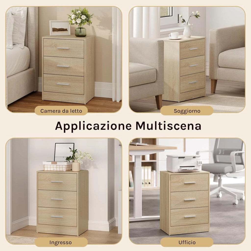 Set di 2 Comodini Moderni con 3 Cassetti, Grande Capacità, Tavolino da Letto per Camera da Letto, Soggiorno e Ufficio, 39x28x54cm, Rovere Chiaro, NTS26hei-2
