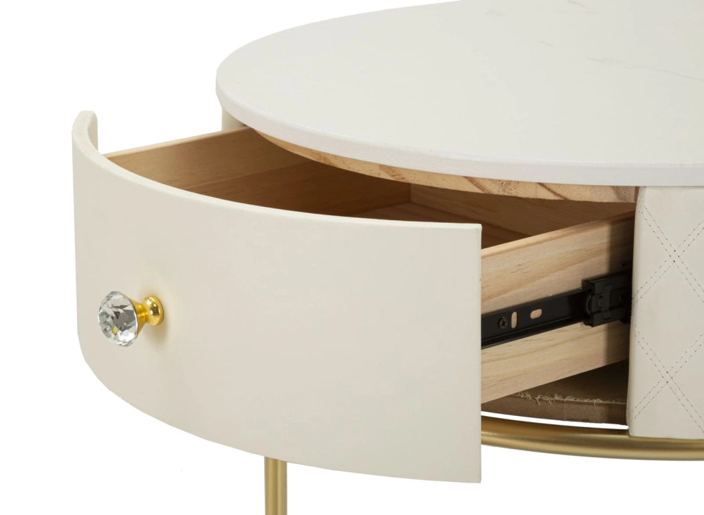 Comodino Toeletta con Puff Sharon Ø52x70 cm - Ø36x39 cm in Pino e MDF e Metallo e Plastica