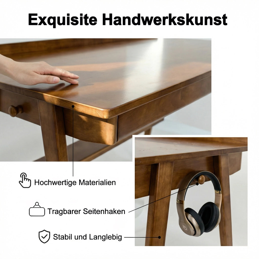 Scrivania in legno massiccio con 2 cassetti, ripiano contenitore e ganci laterali per studio e ufficio 120 × 60 cm