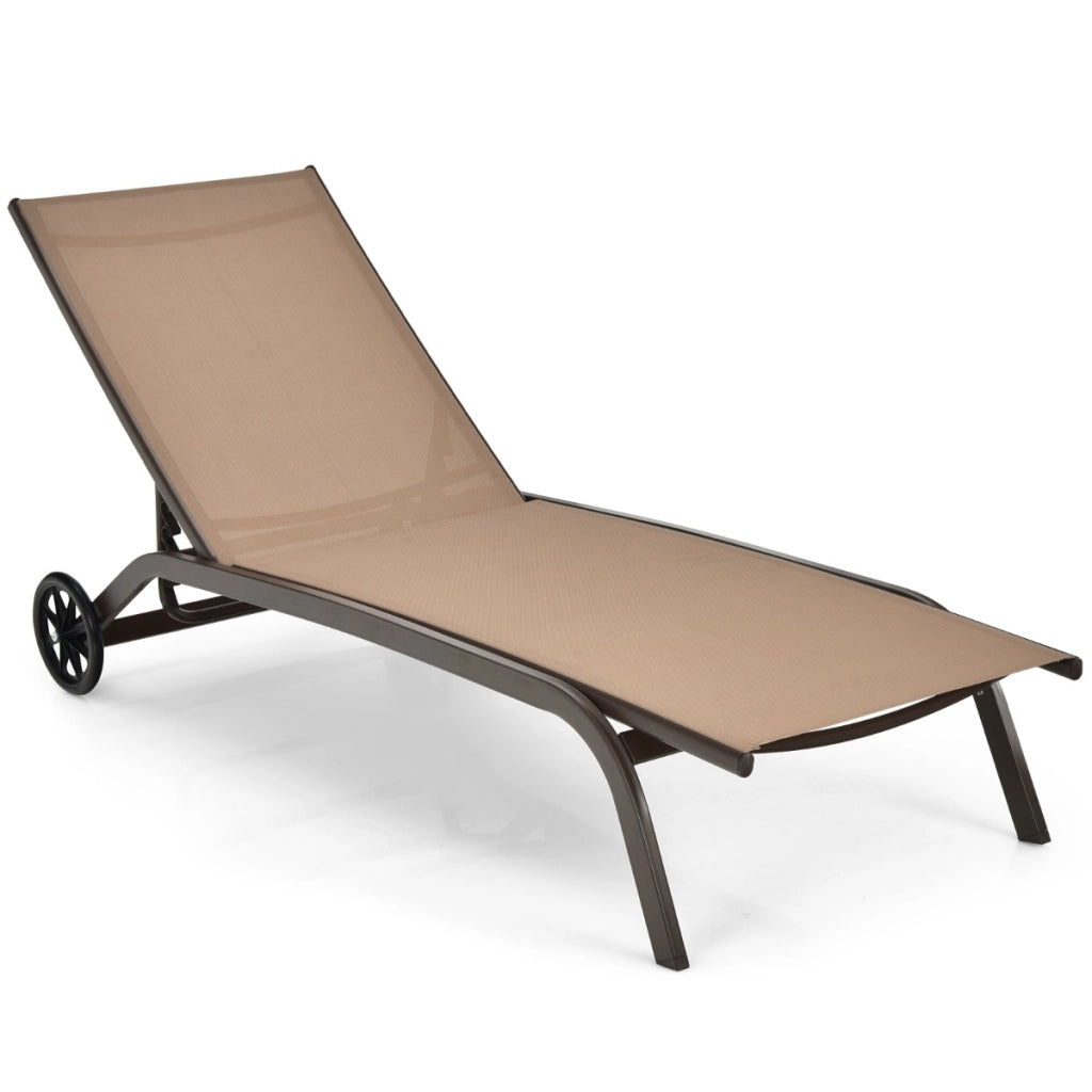 Chaise longue regolabile per piscina cortile giardino, Sedia a sdraio per cortile con ruote e tessuto ad asciugatura rapida Marrone-Poltrone e sdraio