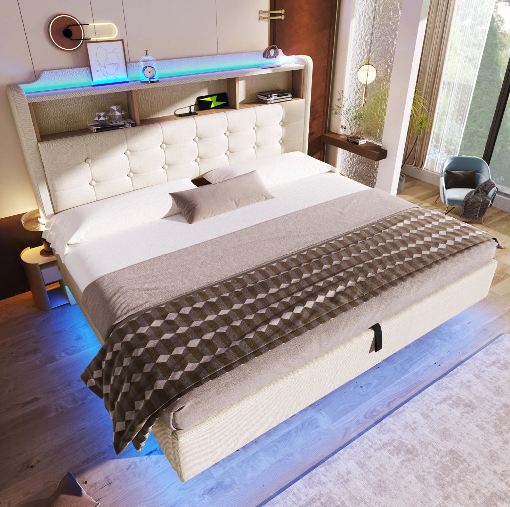 Letto imbottito 180x200 cm con illuminazione LED; spazio contenitore idraulico; in lino e MDF; beige