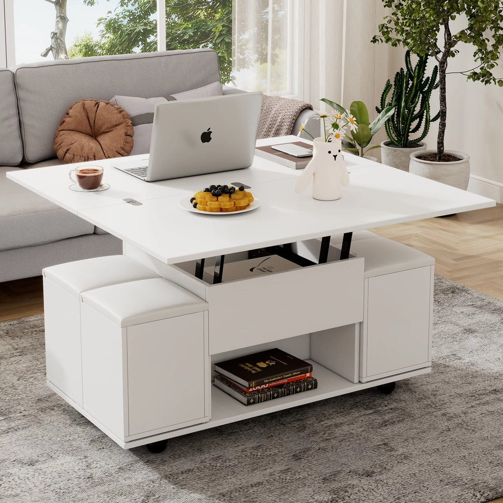 Tavolino Sollevabile Multifunzionale ¨C MINIMAL ¨C Bianco, Piano Allungabile, Legno, Moderno