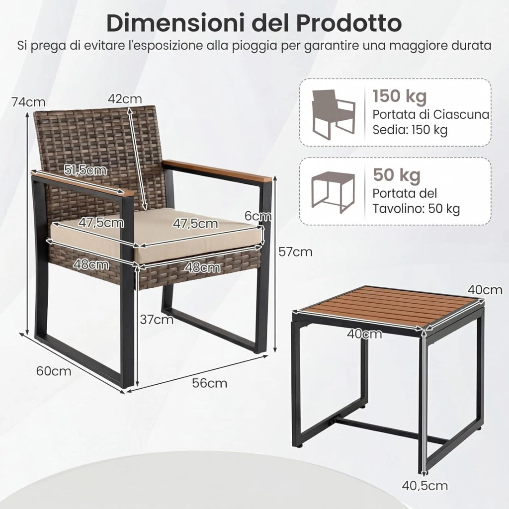 Set Salottino da Esterno in Rattan 3 pezzo, Set Mobili da Giardino Include 1 Tavolino Quadrato e 2 Poltrone Comode con Cuscino Imbottito e Telaio in Acciaio, per Balcone e Terrazzo (Beige)