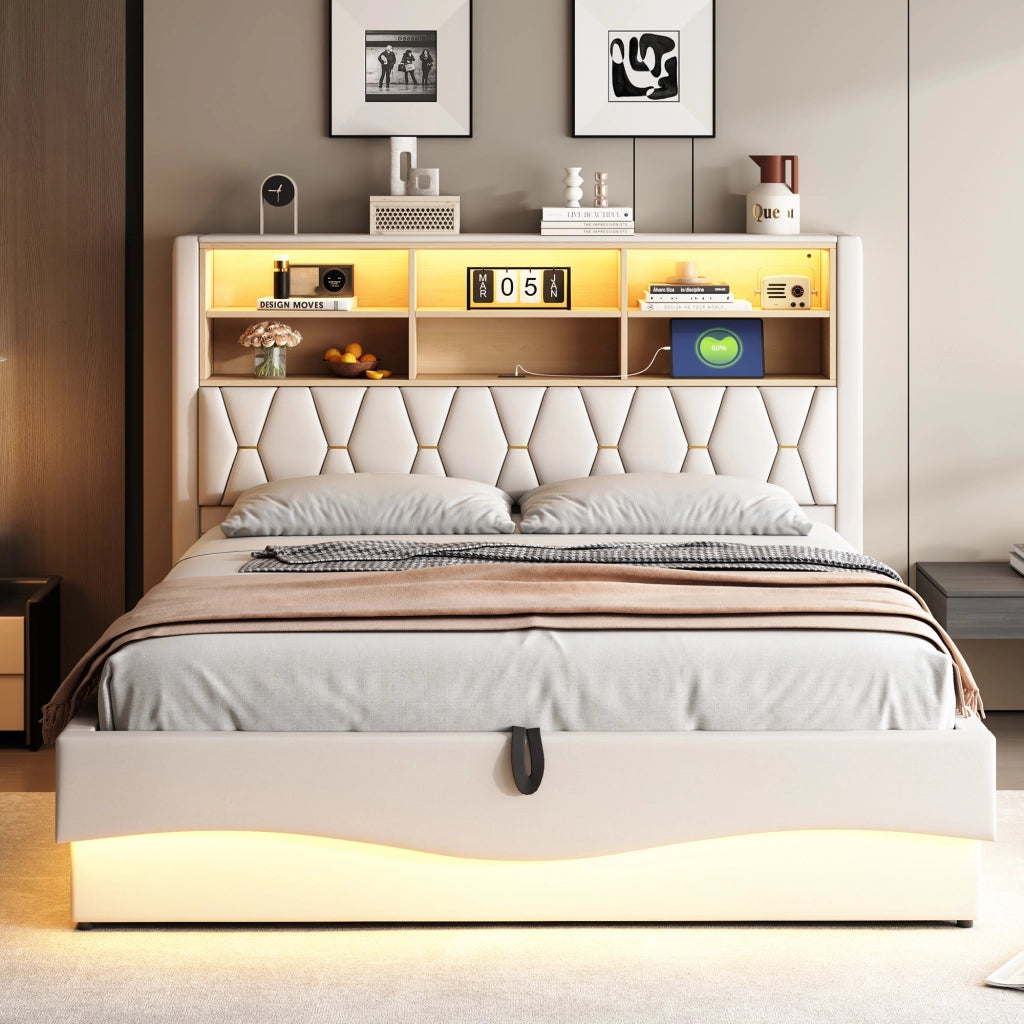 Letto Contenitore 180x200 cm Matrimoniale; LED; USB; con Testiera; in Ferro e Lino Beige