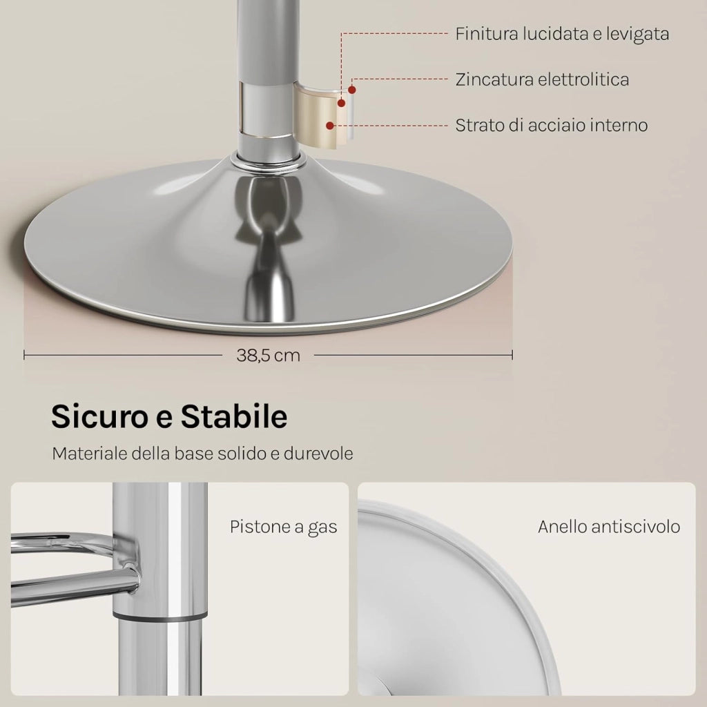 Sgabello da Cucina, Sgabello da Bar Colazione Regolabile in Altezza Girevole a 360°, per Bar, Cucina, Banco, Caffè, PVC+Metallo, con Poggiapiedi, Bianco+Argento