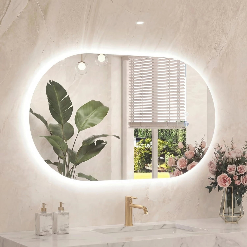 Specchio Bagno con Luce 80 x 50 cm, Specchio Ovale da Parete in Vetro Temperato IP44 con 3 Colori Dimmerabile, Antiappannamento, Memoria, Orizzontale/Verticale (80 x 50 cm, Modello 2)